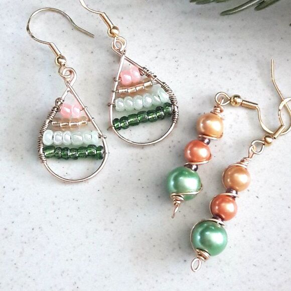 artisan earrings 620#mfs Teardrop green peach seed bead earrings & glass pearl d - Picture 1 of 4